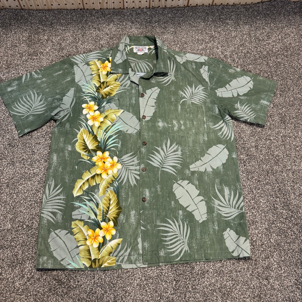 Pacific Legend Green Hawaiian Shirt Plumeria Single Strand Short Sleeve Shirt L